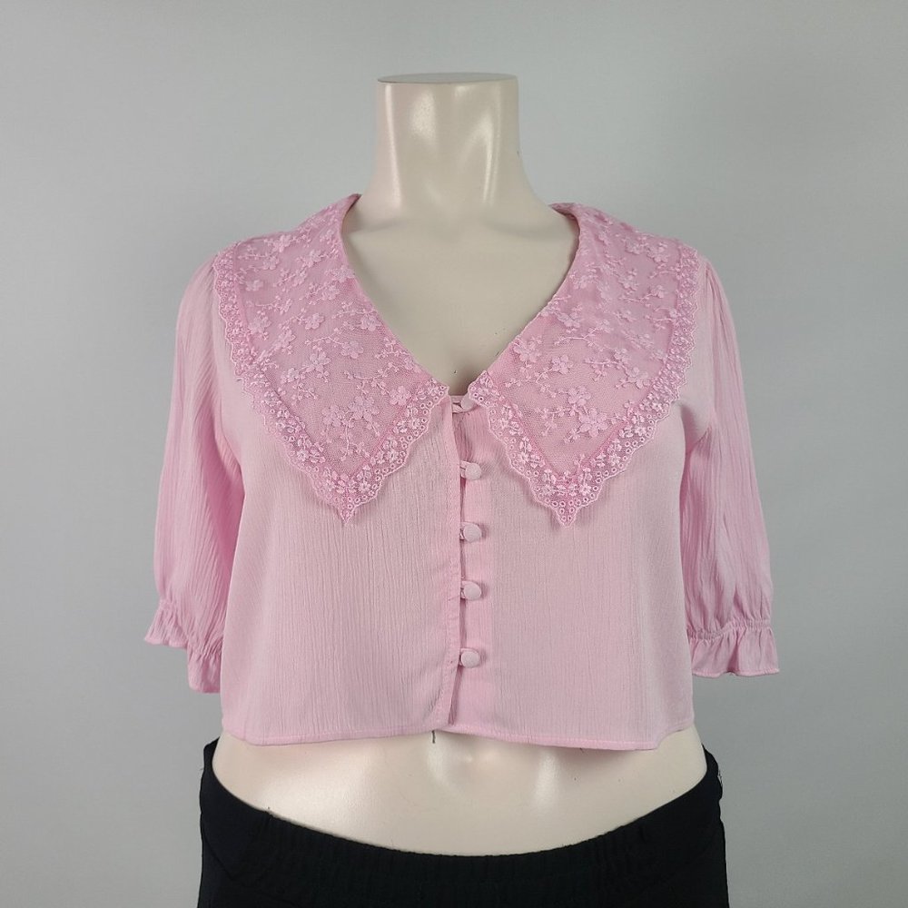 Zara Pink Lace Collar Button Crop Top Size XL